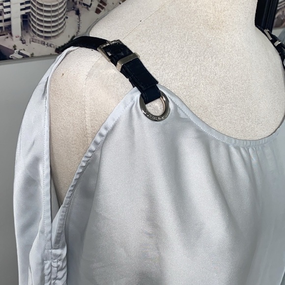 MICHAEL KORS SILKY BLOUSE OFF THE SHOULDER LEATHER adj.STRAPS ROUCHING SLEEVES - Picture 6 of 12
